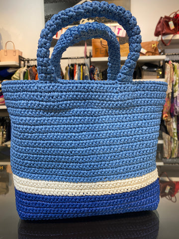Prada Blue Striped Logo Raffia Grass Top Handle Tote