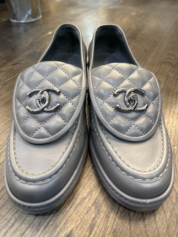 CHANEL Grey Quilted Foldover Loafers