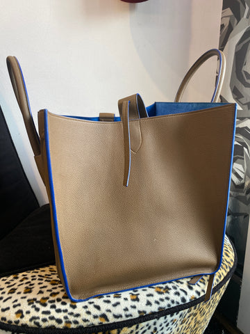 Celine Leather Phantom Luggage Tote in Light Brown with Bright Blue Suede interior