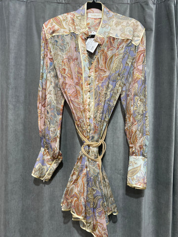 ZIMMERMANN Floral/Paisely Print Long Sleeve Silk Rope Belt Dress