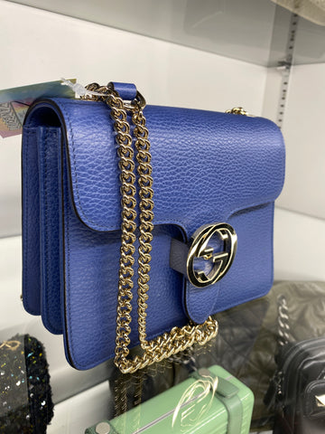 Gucci Blue Interlocking G Chain Pebbled Leather Accordian Shoulder Bag