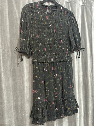 ALL SAINTS Black Floral Smocked Ruffle Bottom Dress