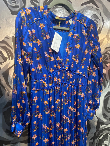 Scotch & Soda Blue Floral Long Sleeve V Neck Ruffle Bottom Maxi Dress