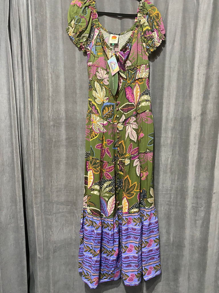 FARM RIO Dark GReen 'Wild Jungle green Midi Creset Dress'