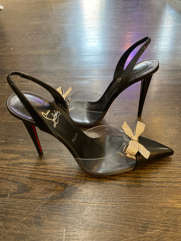 Christian Louboutin Black Leather Pointed Toe Slingback with Crystal Bow