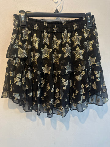 Love Shack Fancy Black Ruffle Minin Tiered Mini Skirt with Metallic Star Print