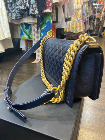 Chanel Dark Blue New Medium Caviar Leather Quilted Boy Bag with Antique Gold Hardware