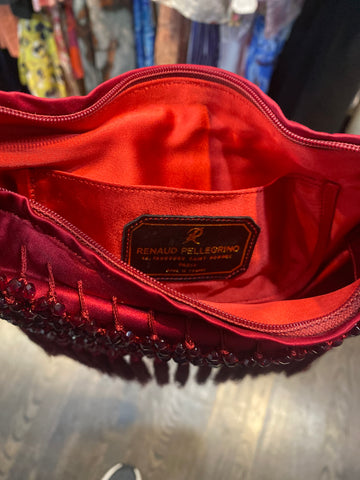 Vintage: RENAUD PELLEGRINO Red Satin and Fringe and Beaded Bag