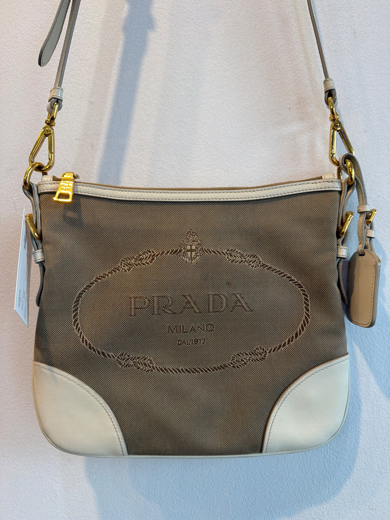 Vintage: PRADA Beige Logo Canvas Crossbody with Leather Corners