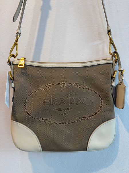 Vintage: PRADA Beige Logo Canvas Crossbody with Leather Corners