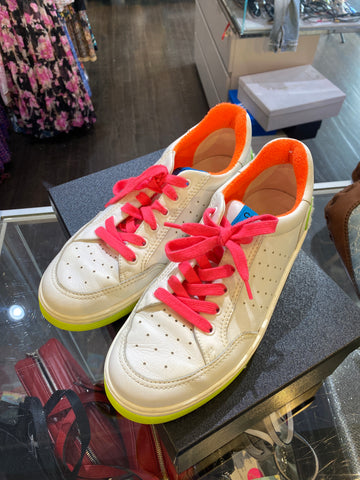 CHANEL White leather and NEON Terri Trim Sneakers