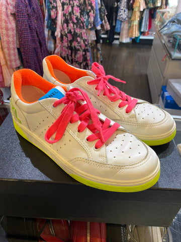 CHANEL White leather and NEON Terri Trim Sneakers