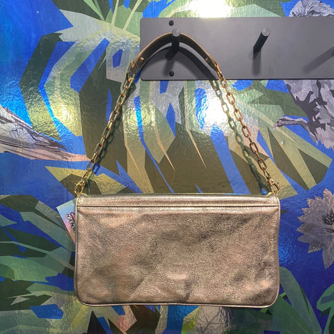 Tory Burch Gold Metallic Double Zip Fold Leather Bag with Gold Removeable Chain and XL Logo