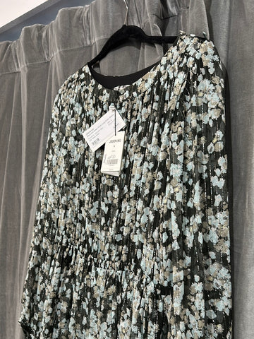 Jason Wu Green and Light Blue and Silver  Floral Sheer LONG Sleeve Dress