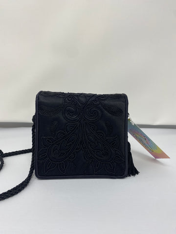 Vintage: Judith Leiber Black Satin Black Embroidered Mini Flap Bag