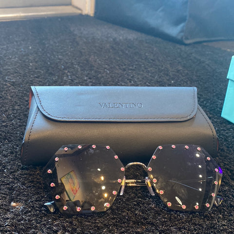 Valentino Pink Crystal Trimmed Hexagon Rimless Sunnies