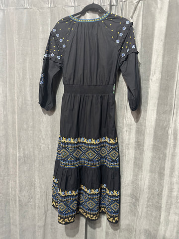 Shoshanna Black Long Sleeve Cotton V Slit Maxi Dress with Blue and Gold Embroidery