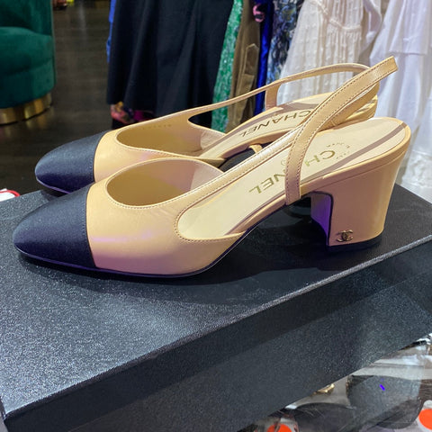 Chanel Beige Goatskin and Black Grosgrain Slingback Heels