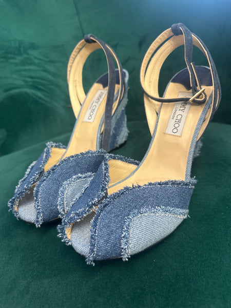 Jimmy Choo Two Toned Denim Peep Toe Wedge