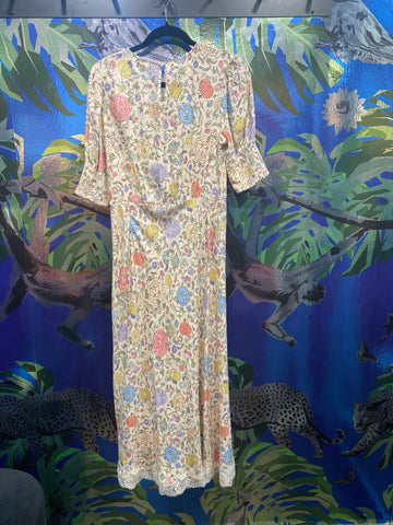 RIXO Pastel Floral Dress with Lace Bottom Trim