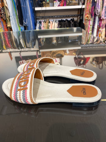 Fendi Roma Fabric and Leather Cognac Slide