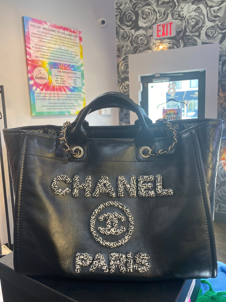 CHANEL Black Leather Deauville with Black and White Tweed Lining