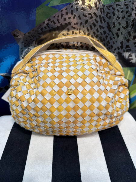 Vintage: BALLY White Leather and Yellow Patent Leather Woven Ball Bag