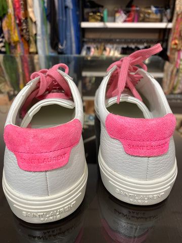 Saint Laurent White Pebbled Leather Sneaker with Pink Laces