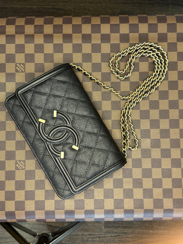 Chanel Black Caviar Quilted Wallet on a Chain with Matte Gold Hardware