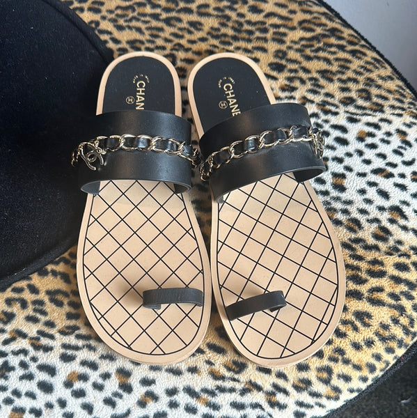 Chanel Black Sandal with Toe Strap and Gold Chain Detail