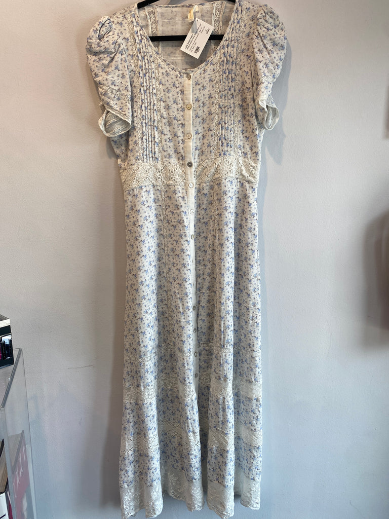 Love Shack Fancy White and Blue Flower BUtton Down Lace TRim Maxi