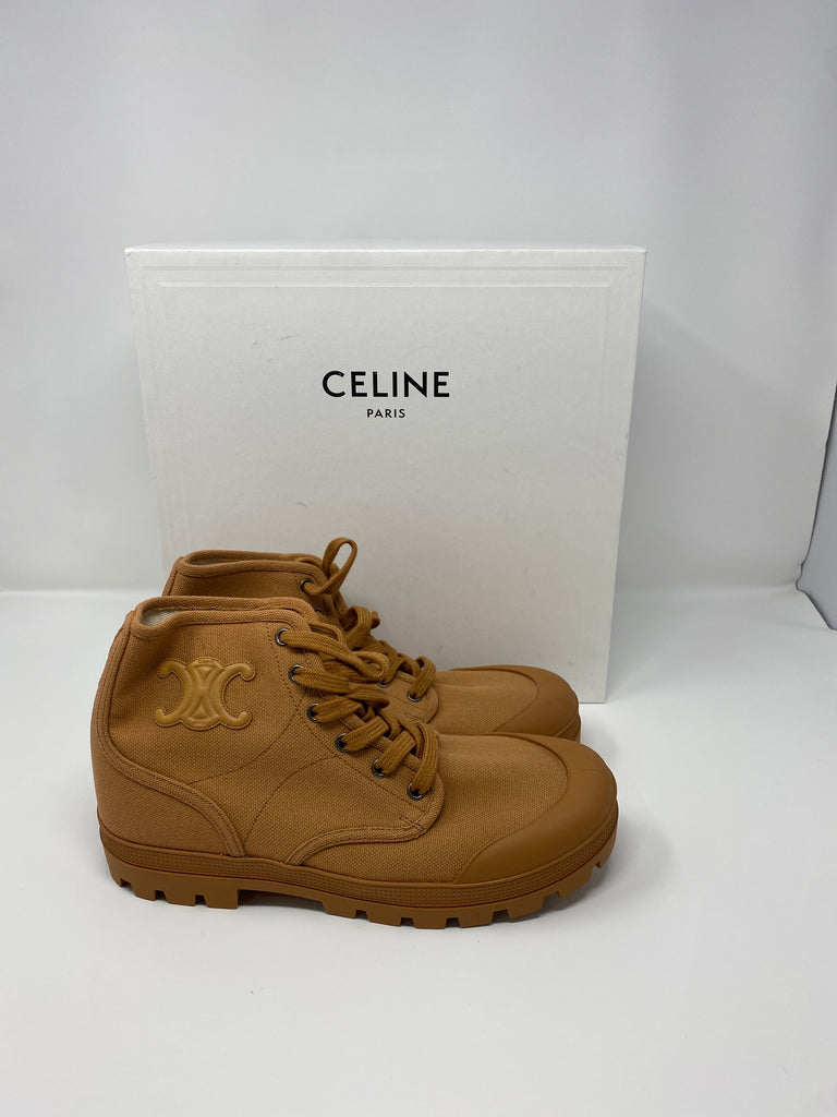 CELINE Cognac Canvas High Top Triomphe Logo Sneaker