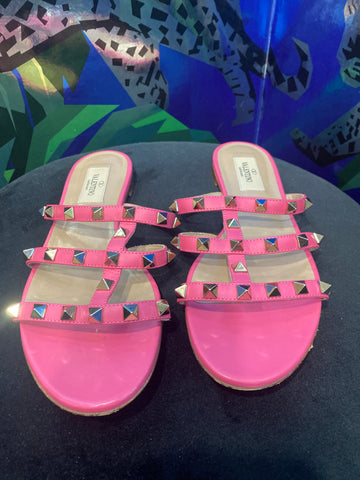Valentino Pink Leather Rockstud Flat Sandals