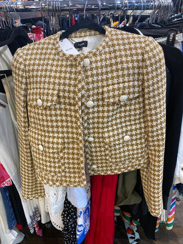 ME + EM Brown and Cream Woven Cropped Houndstooth Blazer