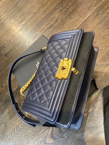 Chanel Dark Blue New Medium Caviar Leather Quilted Boy Bag with Antique Gold Hardware