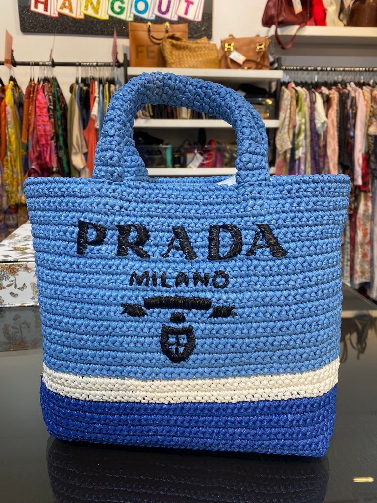 Prada Blue Striped Logo Raffia Grass Top Handle Tote