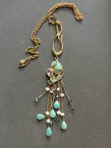 Alexis Bittar Gold Multicolor Seafoam Green and Rhinestone Hanging Necklace