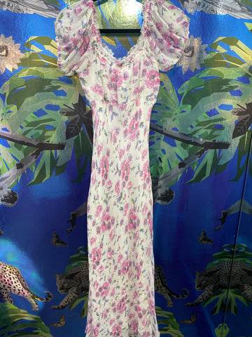 LOVE SHACK FANCY MADARA White and PInk Cap Sleeve Floral Maxi Dress