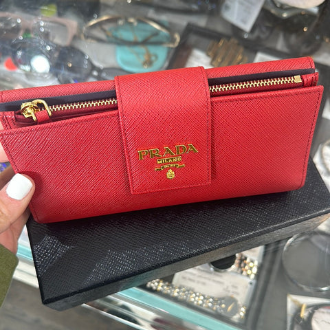 Prada Red Saffiano Leather Snap Wallet