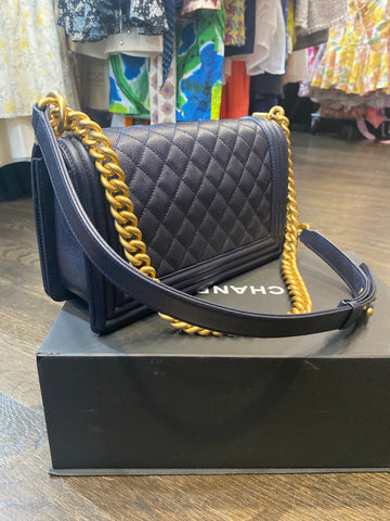 Chanel Dark Blue New Medium Caviar Leather Quilted Boy Bag with Antique Gold Hardware