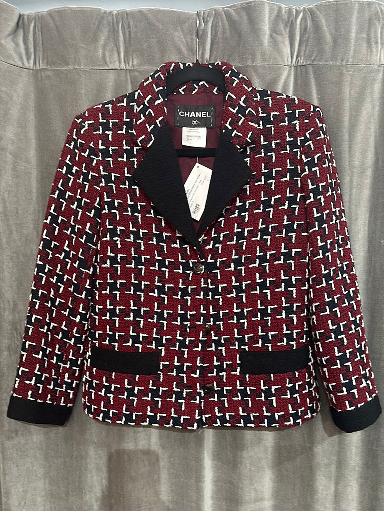 Vintage: CHANEL Red Black and White Blazer with Silver Inside Chain