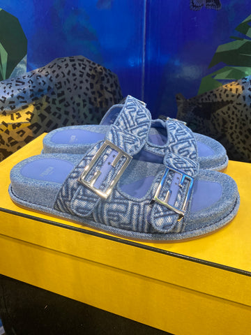 FENDI Denim F Logo Two Strap Sandal