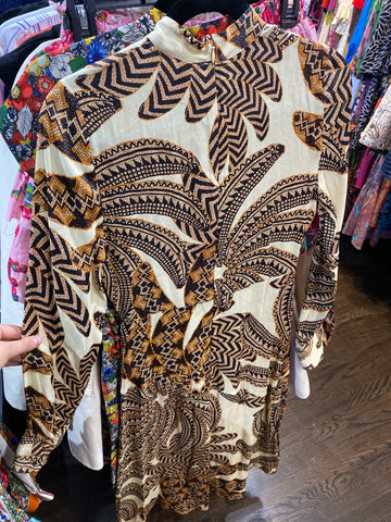 Farm Rio Long Sleeve Brown and Beige Printed Mock Neck Maxi Dress