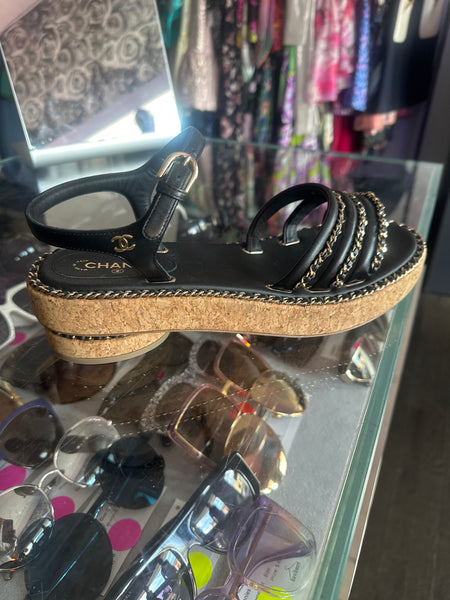 Chanel Cork Black Leather Strappy Sandal with Gold Chain