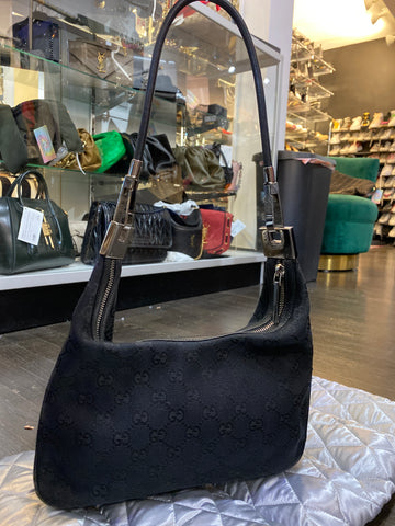 VINTAGE: Gucci GG Supreme Black Canvas Shoulder Bag with Leather Trim, Thin strap with silver hardware