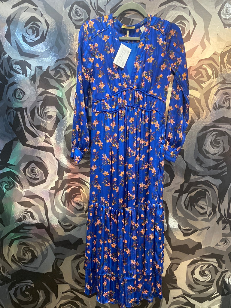 Scotch & Soda Blue Floral Long Sleeve V Neck Ruffle Bottom Maxi Dress