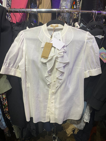 Michael Kors Collection White Cotton Short Sleeve  Blouse with Center Ruffle