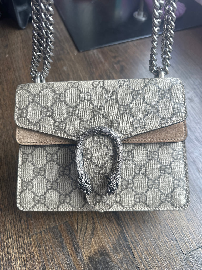 Gucci GG Dionysus Supreme Mini Bag with Tan Suede