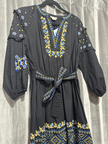 Shoshanna Black Long Sleeve Cotton V Slit Maxi Dress with Blue and Gold Embroidery