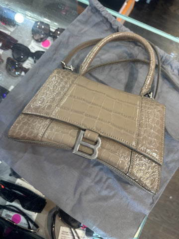 Balenciaga Nude Hourglass Croc Embossed Small Leather Bag